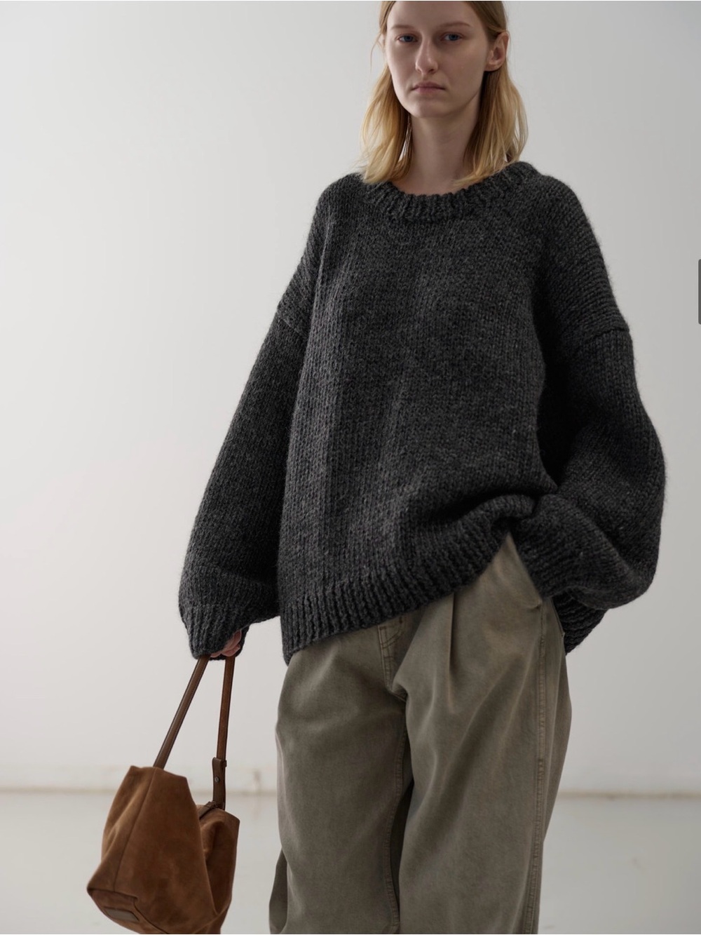 Handmade Facade Pattern Gray 100% Wool Chunky Knit Oversized Sweater Medium